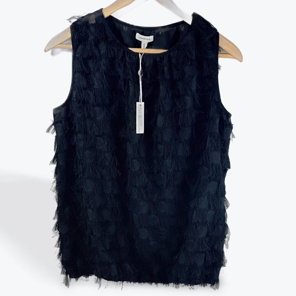 NWT Max Studio Charcoal Fringe Peacock Eyelash Blouse Tank Large